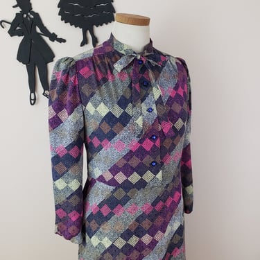 Vintage 1970's Geometric Print Dress / 80s Square Print Day Dress S 