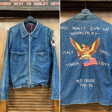 Vintage 1980’s Denim Military Souvenir Tour Embroidery Jacket, 80’s Denim Jacket, 80’s Souvenir Jacket, 80’s Navy, Vintage Clothing 