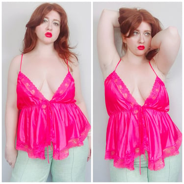 1980s Vintage Gilligan O'Malley Hot Pink Nylon Tank Top / 80s Lace Trim Tie Front Plunging Neck Babydoll / Medium - Large 
