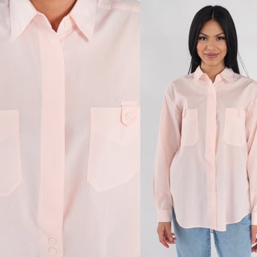 Baby Pink Blouse 90s Semi-Sheer Button Up Top Preppy Collared Shirt Plain Long Sleeve Simple Chest Pocket Vintage 1990s Medium M 