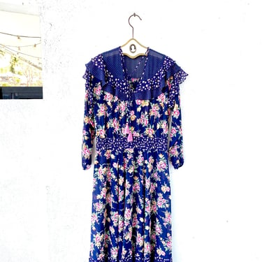 Vintage Diane Freis Ruffle Floral Rose Dress with Tassel Ties 