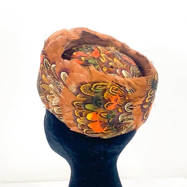 1950s Brown Quail Feather Hat | 50s Colorful Quail Feather Pillbox 