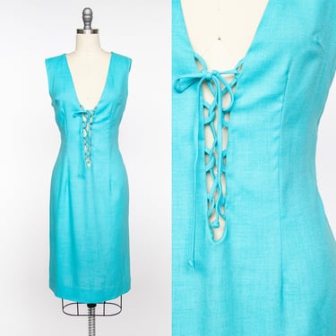 1960s Dress Blue Knit Corset Tie M 