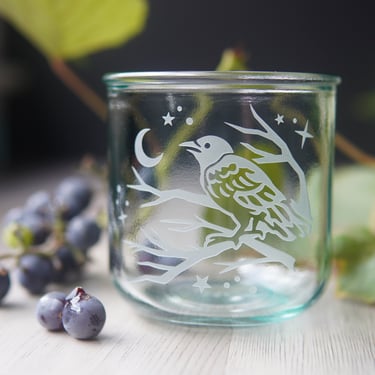Crow Recycled Glass Cup - bird eco glass tumbler for drinking or candles 