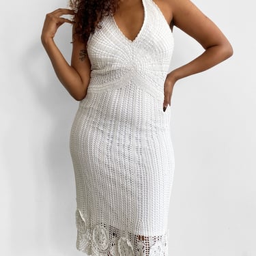 White Crochet Halter Dress