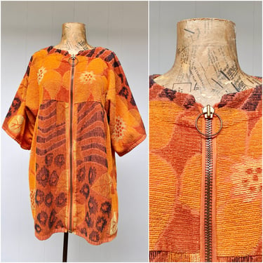 Vintage Royal Terry Beach or Pool Cover-Up, Orange Floral/Leaf Pattern Terrycloth Zip Front Robe with Kimono Sleeves, Medium 