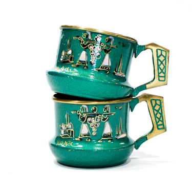 VINTAGE: Pair of ISRAEL Green Enameled Brass Cups - Green Cups - SKU 14-D1-00011738 
