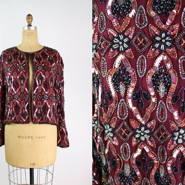 90s Burgundy Floral Beaded Party Jacket/ Silk Jacket / Holiday Party / Sequined Jacket / 80s Jacket / Art Deco / 