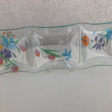 Vintage 1970s glass floral tray 3 bowl platter 16.5” x 6” x 2” by artist Dorothy C Thorpe ( 1901-1989) wild flowers pattern 