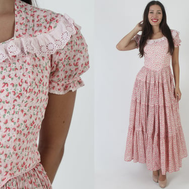 Pink Cotton Edwardian Wedding Gown, Vintage 1940s Victorian Strawberry Print Material, Womens Side Zip Old Fashion Bridal Dress 