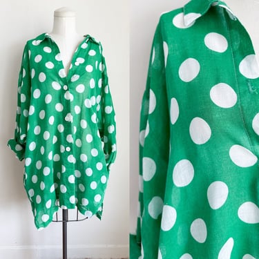 Vintage 1980s Green & White Polkadot Sheer Shirt / Tunic // M 