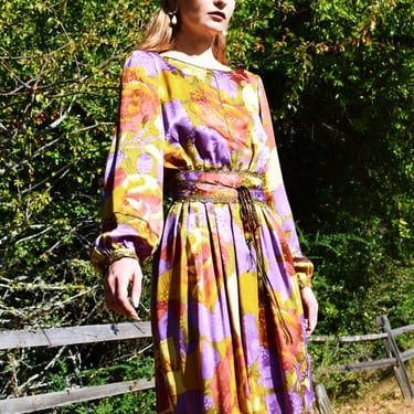 WILLIAM PEARSON 70s Vintage Autumnal Floral Print Silk Dress Sz S 