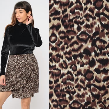 90s Velour Leopard Dress Animal Print Dress Mini Black Mock Neck Dress High Waist Wrap Skirt 1990s Vintage Long Sleeve Small Medium 