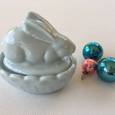 Mini Blue Ceramic Easter Bunny Box, Vintage Made In Japan, Rabbit Box, Easter Decor, Ring Dish, Trinket Box 