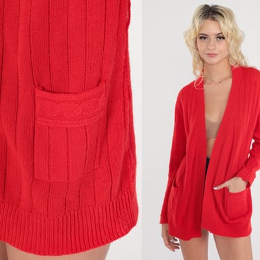 Red Wrap Cardigan 70s Boho Sweater Slouchy Knit Vintage 1970s Slouch Retro Bohemian Plain Sweater Pocket Small S 