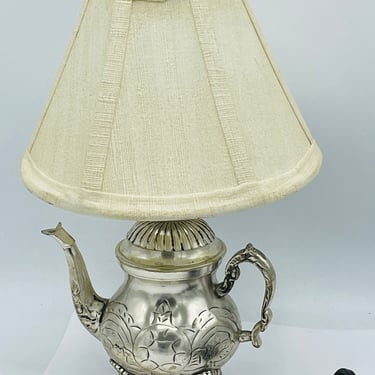 Vintage  Indian silver metal accent tea pot lamp, embossed design and Shade 