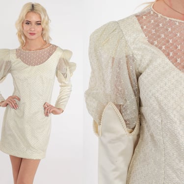 60s Party Dress Pearl Beaded Mini Dress Sparkly Metallic Mesh Puff Sleeve Illusion Neckline Retro Sixties Prom Cocktail Vintage 1960s Small 