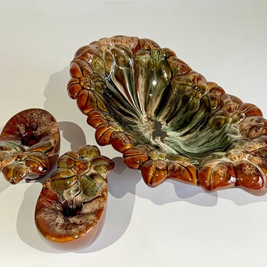 MCM Retro Drip Glaze Ceramic Console Table Set Decorative/Centerpiece Bowl and Candle Holders Mid Century Modern Brown Floral Design 