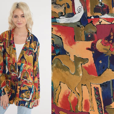 Camel Jacket 90s Statement Blazer Abstract Moroccan Print Button up Jacket Collared Novelty Pattern Retro Vintage 1990s Oversized Small S 