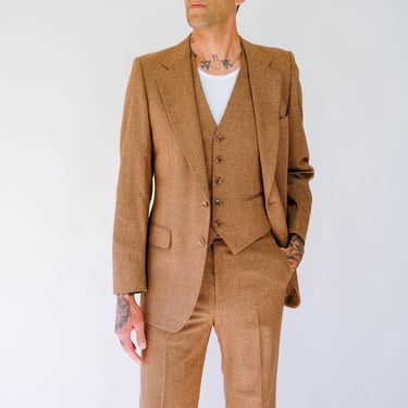 Vintage 70s Yves Saint Laurent Brown Herringbone Wool Three Piece Flare Leg Suit | Made in France | 1970s YSL Designer Tailored Mens Suit 