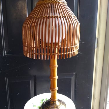 MCM Rattan Shade Wood Table Lamp c. 1950's/1970, Vintage Wood Lamp, Mid Century Decor 