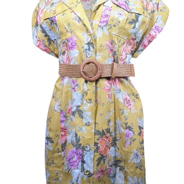 Zimmermann - Mustard & Pink Floral Print Linen Belted Mini Dress Sz 6