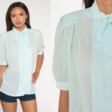 Sheer Chiffon Blouse 80s Baby Blue Puff Sleeve Top Ascot Top Pastel Pleated Secretary Vintage 1980s Short Sleeve Shirt Button Up Large 14 