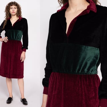70s Jewel Tone Velour Midi Shirtdress - Medium to Large | Vintage Color Block Long Sleeve Collared Dress 
