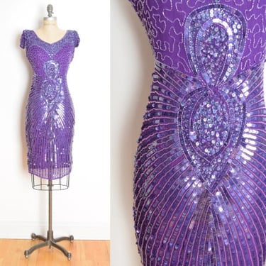 vintage 80s dress purple silk sequin beaded flapper art deco gatsby party prom M clothing 
