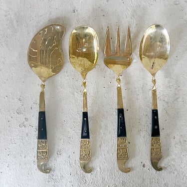Brass Utensils Serving Set, Vintage Set of Four: Two Spoons, One Fork, and One Server 