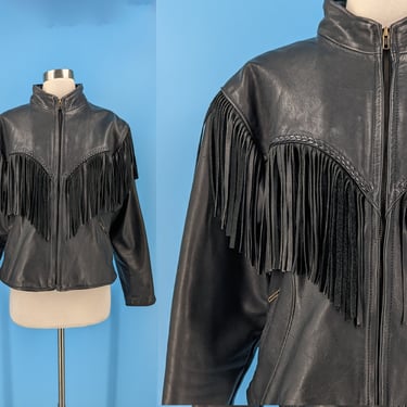 Vintage Eighties Women's Black Leather Fringed Motorcycle Jacket - 80s Medium Arm Fringe Zip Up Moto Jacket 