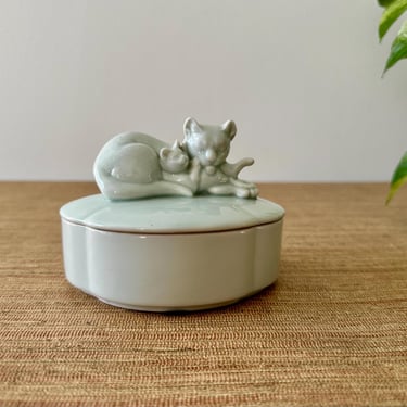 Vintage Blue Porcelain Cat & Kitten Trinket Box by Takahashi 