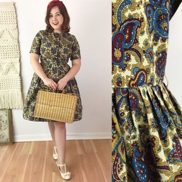 SIZE M/L Vintage 50s Paisley Floral Fit N Flare Fall Dress Brentwood Pennys Green Red Blue Shirt Dress Retro Button Up Nursing Friendly 