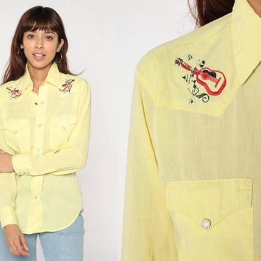 Embroidered Western Shirt 70s Yellow Pearl Snap Guitar Music Print Cowboy Button Up Rodeo Long Sleeve Rock Vintage 1970s Mens Medium 15 1/2 