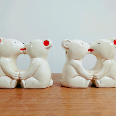 Vintage Ceramic Kissing Bears Shakers Napkin Ring | Japan 