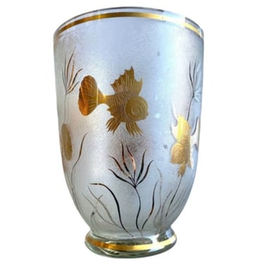 1930s Monumental Etched Glass Vase with Gold Fish Overlay 