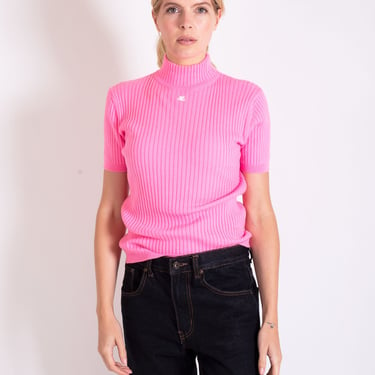 Vintage 1970s COURREGES Paris Knit Hot Pink Turtleneck with Center Logo Neon Top Stretch Rib Made in Paris S M L 