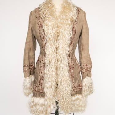 1970s Coat Embroidered Shearling Afghan Sheepskin XS 