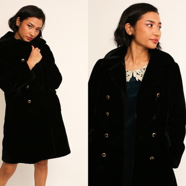 Vintage 1970s 70s Jet Black Faux Fur Oversized Gold Double Breasted Coat Jacket w/ Rounded Collar Made In USA 