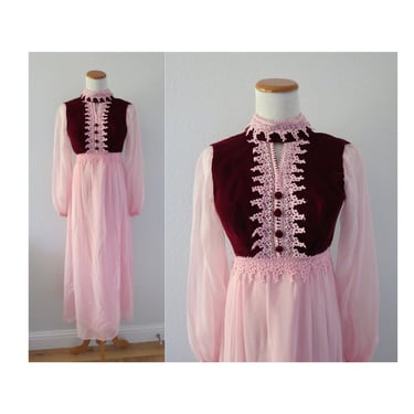 Velvet Maxi Dress 70s Hippie Gown Cottagecore 