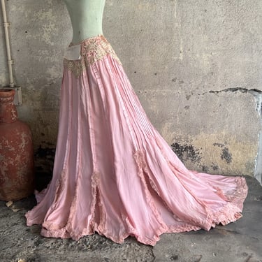 Antique Victorian Pink Silk Full Length Skirt Long Train Ruffles Petals  Vintage