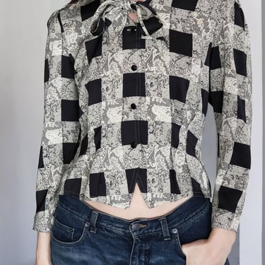 Vintage Pierre BALMAIN Silk Trompe L'Oleil Lace and Check Print Pussy Bow Blouse with Pleats + Slits sz XS S M Paris Checkerboard 1990s 90s 