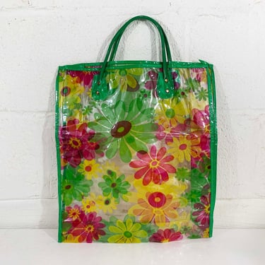 Vintage 1960s Tote Bag Floral Plastic Boho 60s Mod Mid Century Modern Shopping Market Beach Purse Flower Power Floral Print 