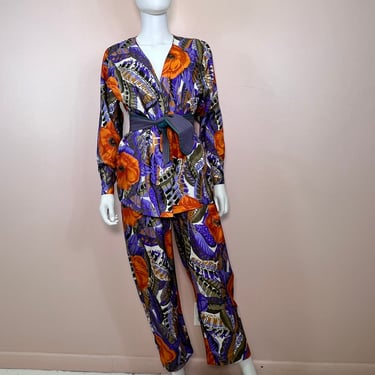 Vtg 80s purple tropical floral jumpsuit & jacket set 