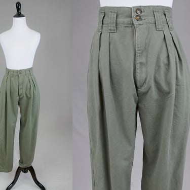 90s Pleated Pants - 26" waist - Olive Drab - Paris Sport Club - High Rise Relaxed Fit Tapered Leg - Vintage 1990s - 30" inseam - S 