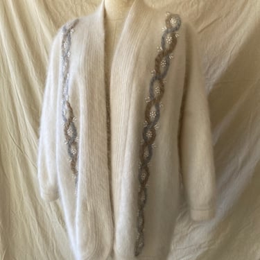 80s Angora Open Long Cardigan with Pearl Accents One Size 