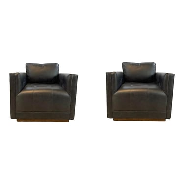 Modern Square Back Black Leather Swivel Chairs Pair