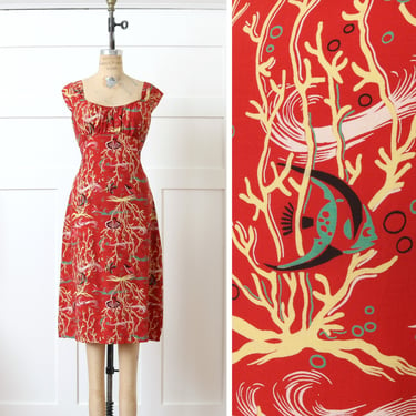 vintage rayon Hawaiian dress • 1990s dress in 1940s tropical tiki fish print red fabric 