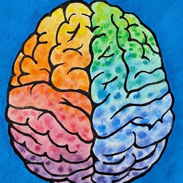 Rainbow Dots Brain  -  original watercolor painting - neuroscience art 