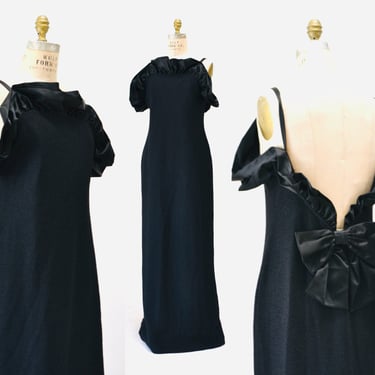Vintage St. John Long Black Dress Black Metallic Evening Gown Dress Sweater Knit Black Long St John Dress Bow Ruffle Size 12 Medium Large 
